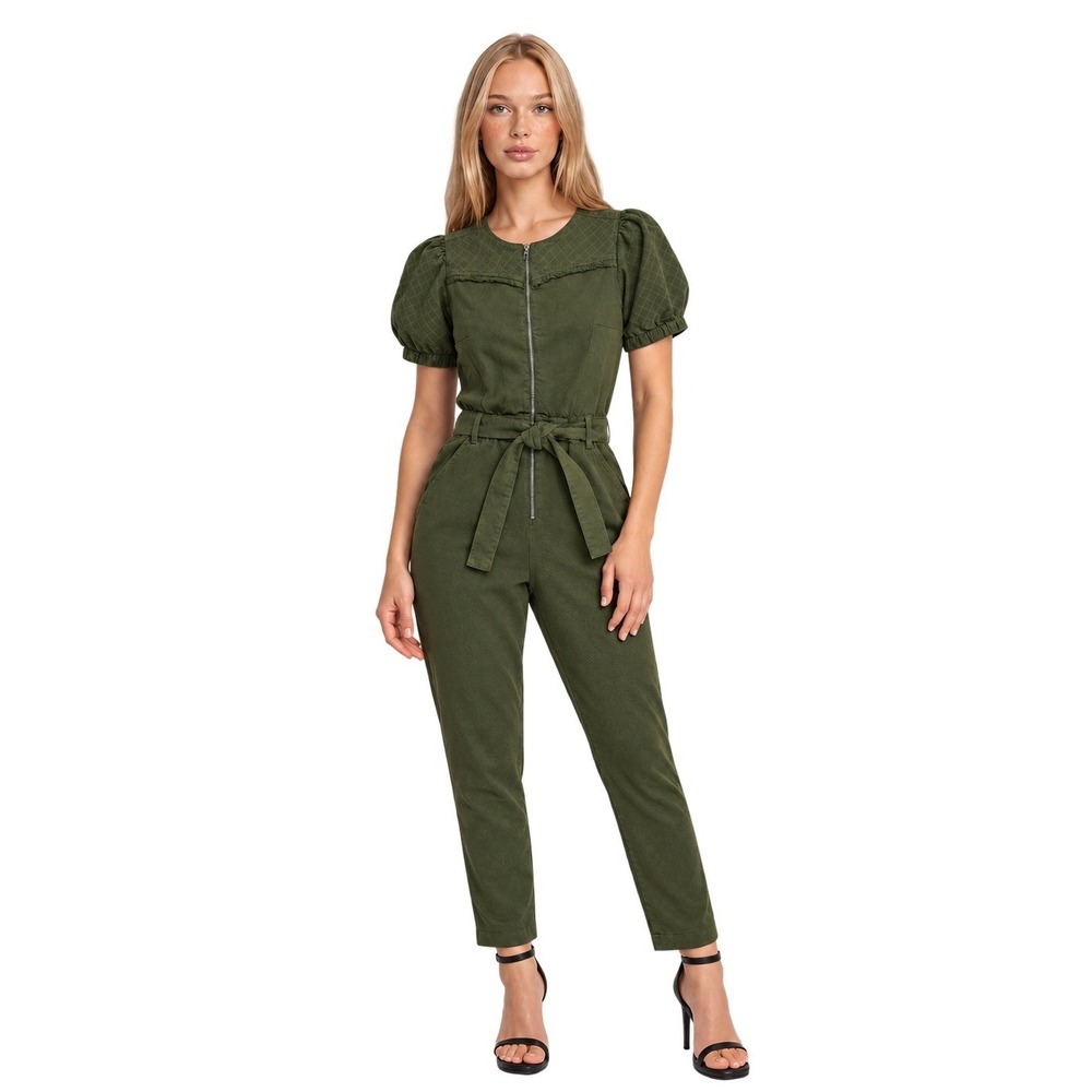 Chelsea & Violet Jumpsuit Women's Size 6 Olive Green Quilted Puff Sleeve Utility